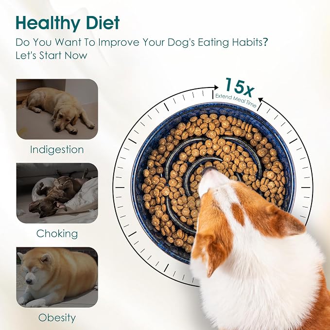 vancasso Slow Feeder Dog Bowl, 1.5 Cup Ceramic Puzzle Dish for Medium Breed | Maze Dog Food Bowl for Fast Eaters, Slow Feeding Design for Medium Dogs, Promotes Healthy Eating Habits, Blue - Image 7