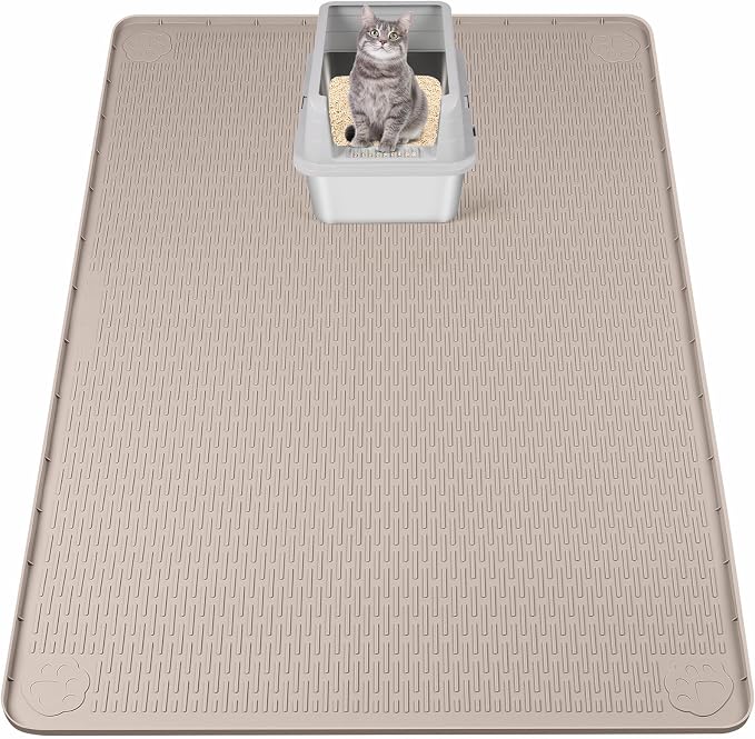 Silicone Cat Litter Mat for Litter Box 50”x35” Large Cat Mat, Khaki | Waterproof, Non-Slip, Leak-Proof Rug Mat with Lip, Easy to Clean, Extra Large Litter Catcher Mat for Floor by Bartuke