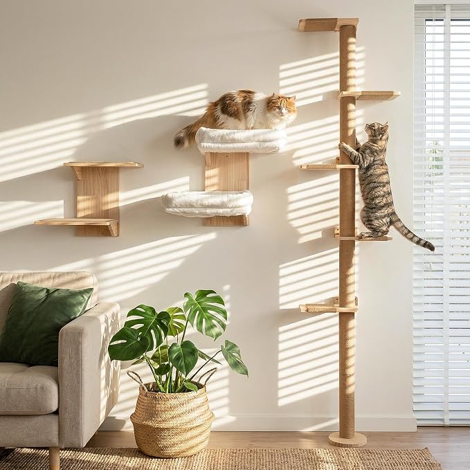 Cat Wall Shelves, 2 Platform Cats Walls Furniture, Tree Shape Kitten Floating Shelf with Soft Cushion Perch, Solid Pine Wood, Suitable for Climb, Play, Nap - Image 7