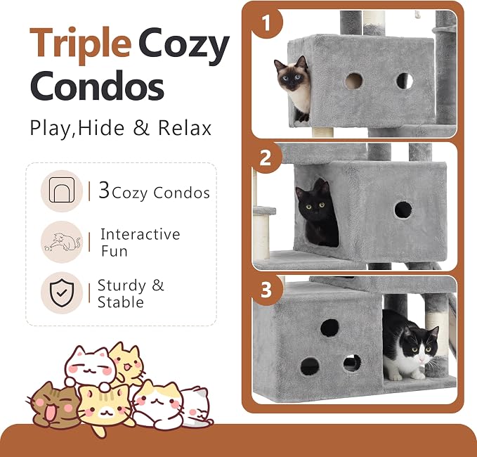 Heybly Cat Tree, 74-Inch Streamlined Cat Tower for Large Cats HCT061W | Cat Furniture with 3-Tier Stacked Condos, Large Perch, Sturdy Base, Full Sisal Scratching Posts & Ramp, Light Gray - Image 2