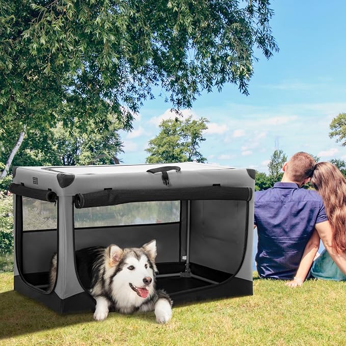 PETSFIT 40" Soft Portable Dog Crate – Patented Spiral Sturdy Frame, Collapsible Travel Kennel for Large Dogs, 3 Mesh Door, Lockable Zippers, Indoor & Car Use Gray - Image 8
