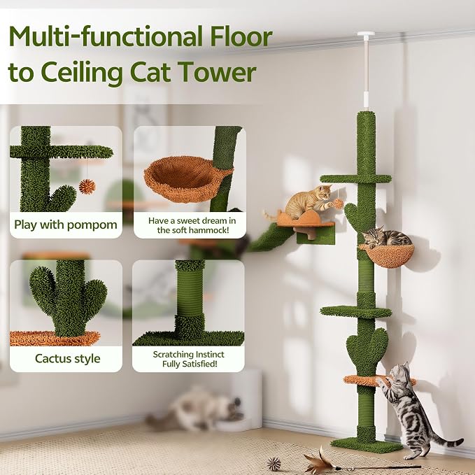 Cactus Floor to Ceiling Cat Tower, 14-in-1 Cat Wall Shelves, Green | Cats Tree with Adjustable Height(87-104 IN), Cat Climbing Wall Furniture Set for Adult Cats, with Scratching Post, Cloud - Image 3