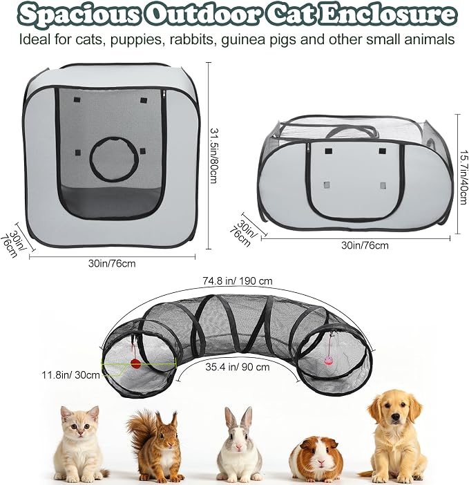 Cat Playpen, 3-in-1 Pop-up Outdoor Cat Enclosure, Gray | 2 Rooms & Tunnel, Breathable Mesh, Carry Bag, Interactive Toys, Multi-Entry Doors, Indoor & Outdoor Use for small pets - Image 3