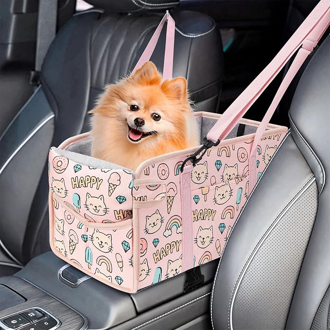 Console Dog Car Seat for Small Dogs, Foldable Booster Seat, Pink Kitten | Portable Booster Seat Sits On Car Console/ Armrest. Foldable for Easy Storage. for Center Console, Easy To Clean. by NECKORY