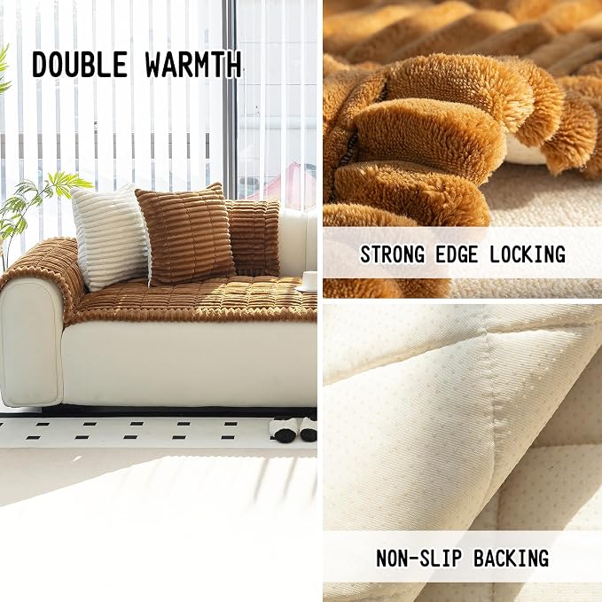 Sofa Couch Cover, Sofa Covers for Dogs Washable, Non-Slip Striped Sofa Slipcovers for Sectional Sofa, Sofa Cover Furniture Protector for L Shaped(Light Brown, 27.6"x 70.9") - Image 2