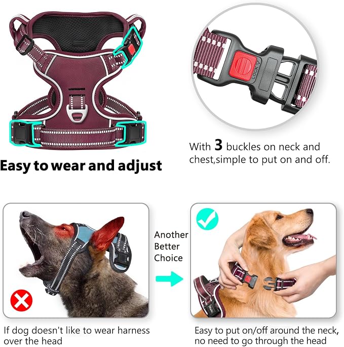 Timos Dog Harness, No Pull Large Sized with 3 Buckles, Burgundy, XL | Reflective, No Choke, Easy On & Off, Adjustable Soft Padded, Front & Back 2 Clips and Control Handle for Walking Training - Image 2