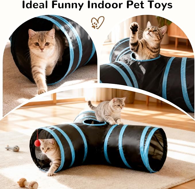 Tempcore Cat Tunnel for Indoor Cats, 3 Way Collapsible Pet Play Tunnel with Teaser Wand, Peek Holes & Hanging Ball, Interactive Tube for Kittens & Rabbits, Black & Blue Medium - Image 7