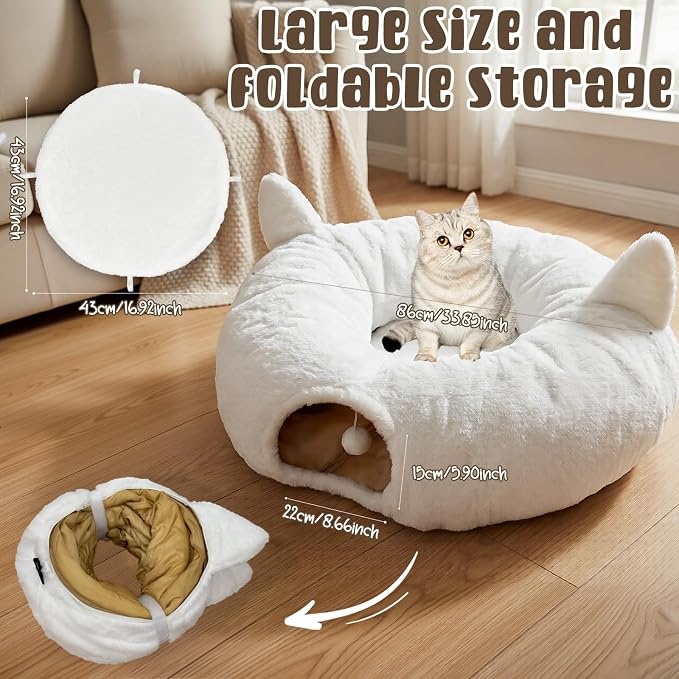OurWarm Cat Tunnel Bed for Indoor Cats, Soft Plush Round Peekaboo Cat Bed Cave with Washable Cushion, Under Cristmas Tree Cat Donut Tunnel Toys for Kitten Rabbit Puppy (White) - Image 2
