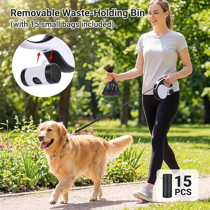 Segarty 16 Ft 360°Tangle-Free Leash with Detachable Poop Bag Holder, Retractable Lead for Dogs up to 66 lbs, 5m Long Walking Leash for Pets Outside with Anti-Slip Handle & One-Handed Brake Pause Lock - Image 6