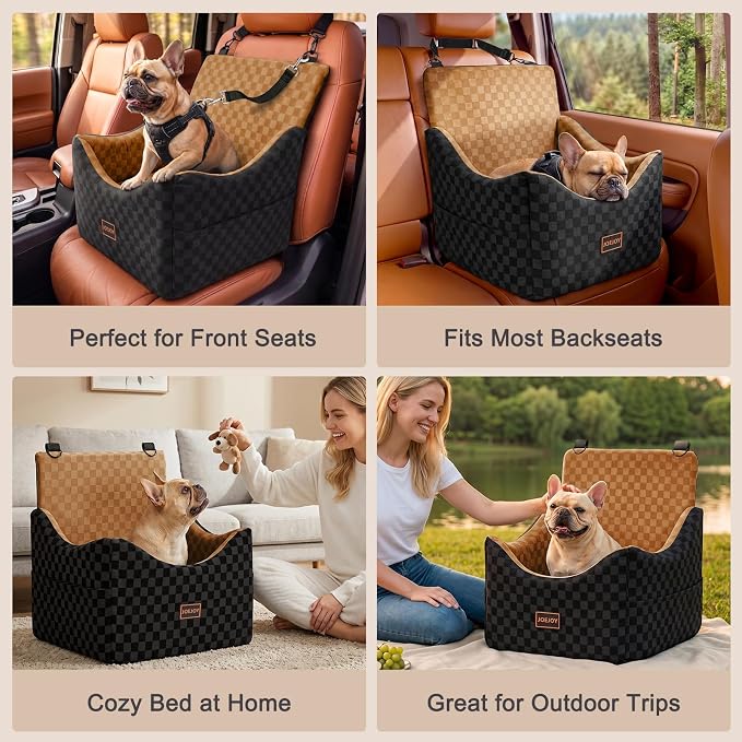 JOEJOY Elevated Dog Car Seat for Small/Medium Dogs up to 35 lbs, Memory Foam Booster Seat with Detachable Washable Cover, Travel-Safe Car Bed with Safety Belts & Storage Pockets, Brown - Image 9