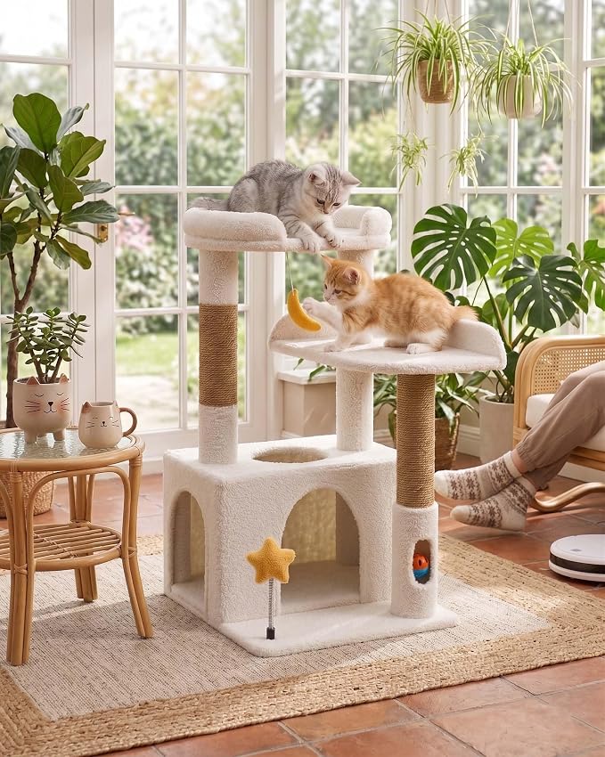30" Kitten Cat Tower, Compact Beige Cat Tree with Condo & Perch | Plush Finish, Cozy Condo, Soft Top Perch, Sisal Scratching Post, Dangling Ball Toy, Anti-Tip Base, for Cats up to 15 lbs - Image 6