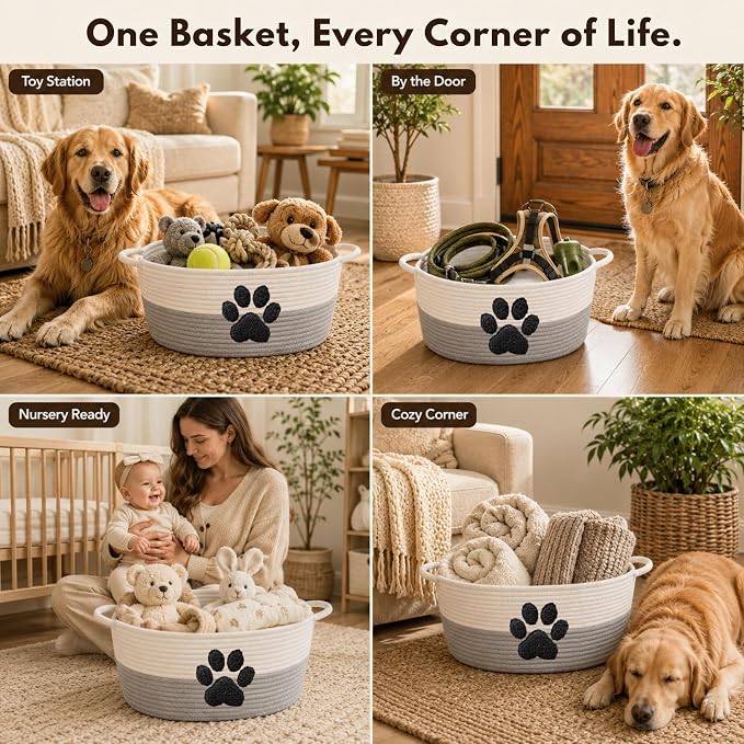 Dog Toy Basket with Handles, Grey Cotton Rope Storage Bin Organizer | Neutral grey dog toy organizer that blends any decor. Holds toys, blankets & leashes. Spot wash, collapsible rope bin. - Image 6
