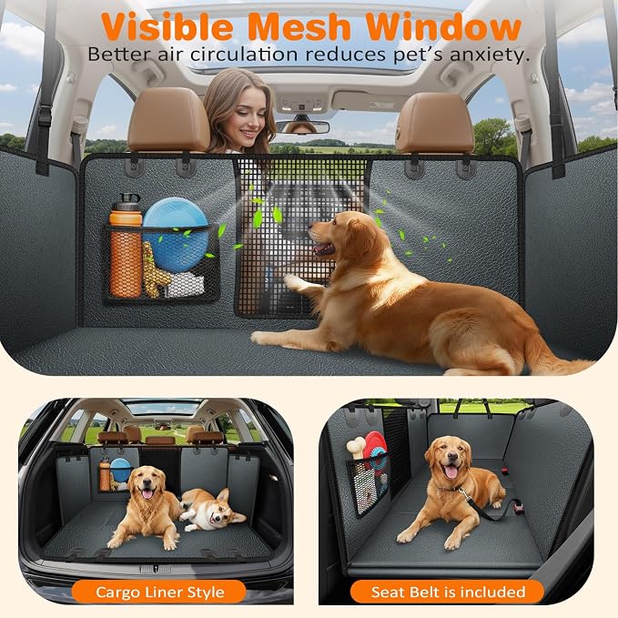 URPOWER PU Leather Hard Bottom Dog Car Seat Cover, Back Seat Extender | 400 lbs Support, 45% More Space, Waterproof, Mesh Window, Scratch Resistant, Non-Slip, Easy Care, Dog Seat Belt Included - Image 4