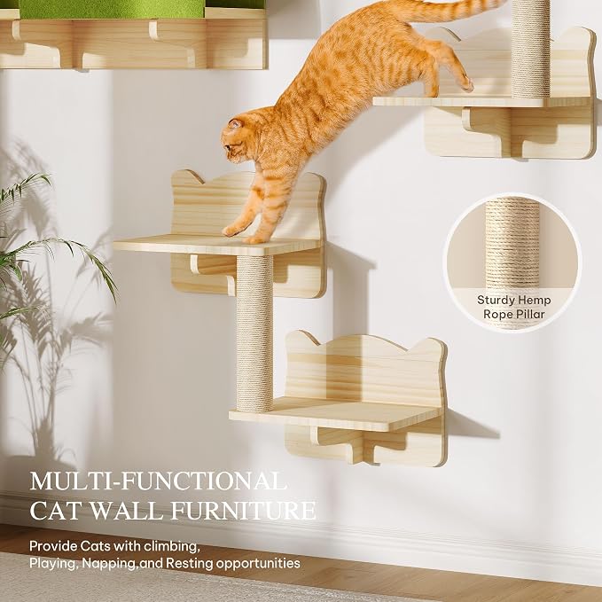 7-in-1 Cat Shelves for Wall, Cat Wall Furniture Set with Tunnel | Multi-Level Floating Cat Shelves for Space Saving, Solid Wood Cat Climbing System with Scratching Posts, Burlywood - Image 5