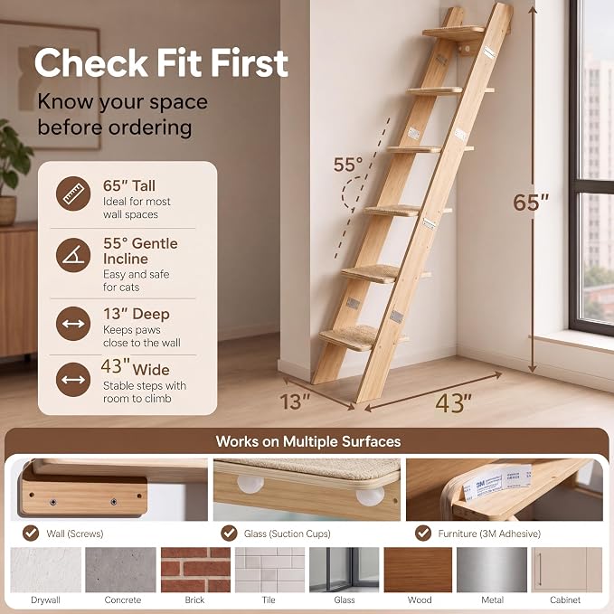 65" Tall 6-Level Cat Ladder for Window & wall | Fits Cats up to 20 lbs |Senior & Less Agile cat Stairs for Window with 55° Gentle Incline | Requires 43" Floor Clearance | No-Drill Glass Installation - Image 3