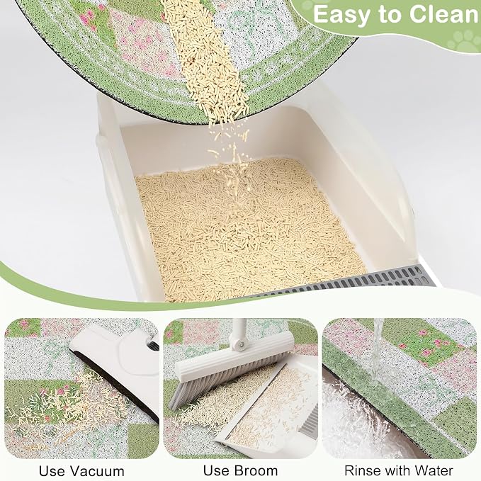Bienbee Cat Litter Mat, 24" x 15" Litter Box Mat Rug with Non-Slip Bottom,Urine and Water Proof, Easy to Clean Cat Supplies Essentials for Indoor Kitty Kitten Floor, Green Floral Knot M - Image 6