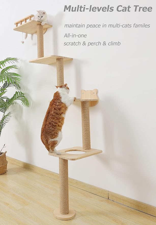 Cat Tree Wall Mounted with 4 Levels Shelves, 73" Wood Corner Tower Inside Kitten Scratching Post for Climbing,Perching and Lounging (Right to Left) - Image 3