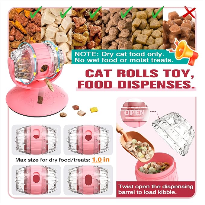 Cat Slow Feeder Toy, Adjustable Difficulty Puzzle Toy with Rotating Lid - Interactive Mental Stimulation Food Dispenser for Indoor Cats, Slows Down Eating for Dry Food & Treats (Pink) - Image 4