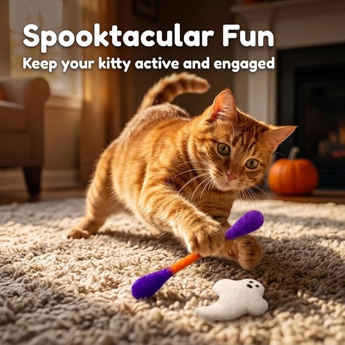 Glaciart One Halloween Cat Toys with Catnip – 7 Pack Felt Swab Cat Toys + Ghost Toy, Interactive Wool Cat Toys for Indoor Cats & Kittens, Handmade Natural Catnip Toys for Chase, Chew & Play - Image 5