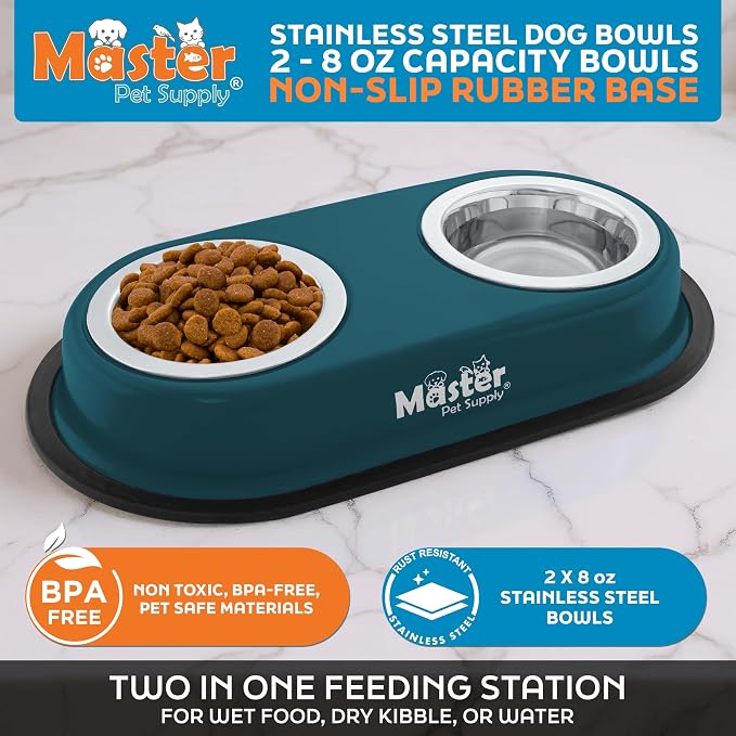 Master Pet Supply Double Dog Bowls Set with Elevated Base Emerald Sea | 2 - (8 oz) Stainless Steel Removable Dishes Double Cat Food Water Bowl, Dog Puppy Food Bowl Set, Rust Resistant, Raised Dish - Image 2