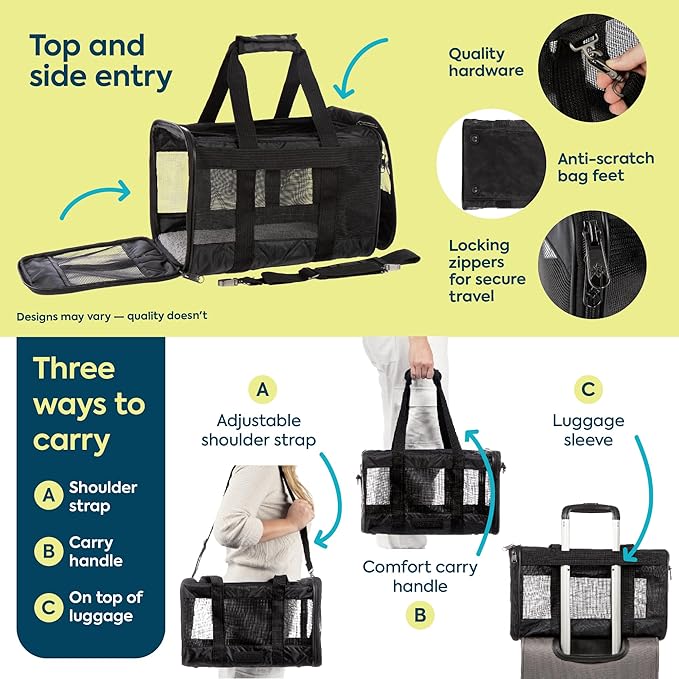 Sherpa Pet Carrier Airline Approved with Spring Wire Frame - Cat & Dog Carrier for In-Cabin Travel, Mesh Ventilation, Locking Zippers - Black Lattice, Large - Image 4