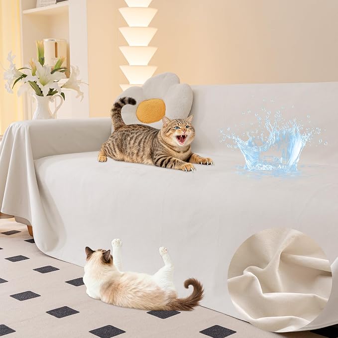Loiion Cat Scratch Couch Cover Waterproof Sofa Cover 118"x91" Beige | Pet-Friendly Couch Protector, Anti-Scratch & Non Slip Sofa Cover For Cats Dogs Kids, Machine Washable by Loiion