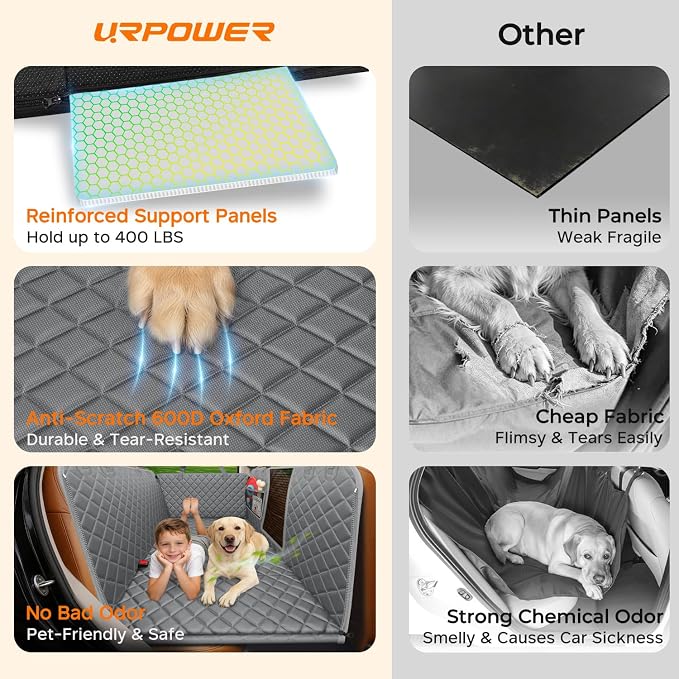 URPOWER Hard Bottom Dog Car Seat Cover, Back Seat Extender for Cars & SUVs | 400 lbs Support, 45% More Space, Waterproof, Mesh Window, Scratch Resistant, Non-Slip, Easy Care, Dog Seat Belt Included - Image 7