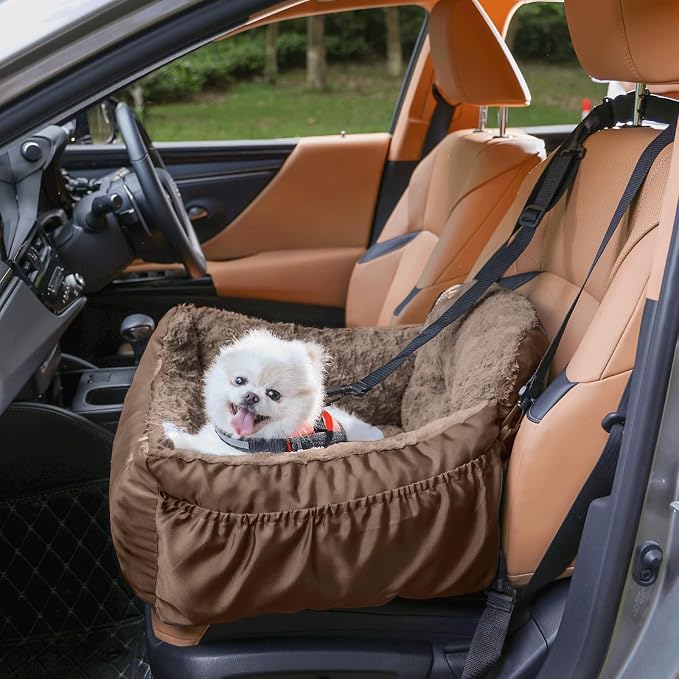 Oiilores Dog Car Seat for Small Dogs, Washable Pet Booster Seats with Clip-On Safety Leash, Comfy Deluxe Plush Carseat with Storage Pockets, Puppy Car Travel Carrier Bed for Dogs Under 25 lbs, Brown - Image 2