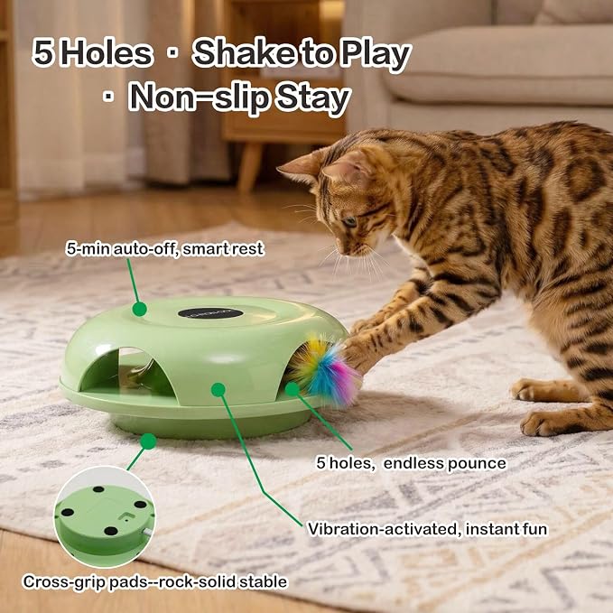 Interactive Whack-a-Mole Cat Toy — Automatic Mushroom Feather Pop-Up Play Toy for Cats, Cognitive Stimulation & Exercise, Durable Pet Entertaining Game (Green) - Image 2