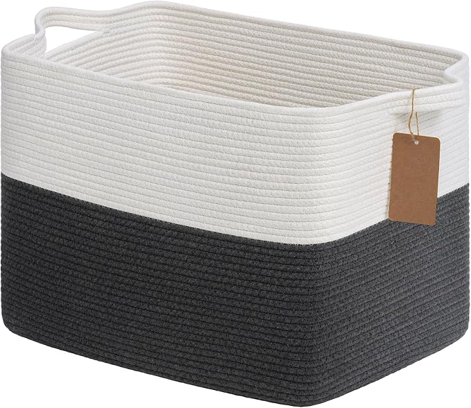 Goodpick 50L Large Woven Rope Storage Basket, Rectangle, Dark Gray | 18" × 14" × 12" Decorative Gift Basket for Living Room & Nursery Organization, Fits Blanket & Toy Storage, Writable Label by Goodpick