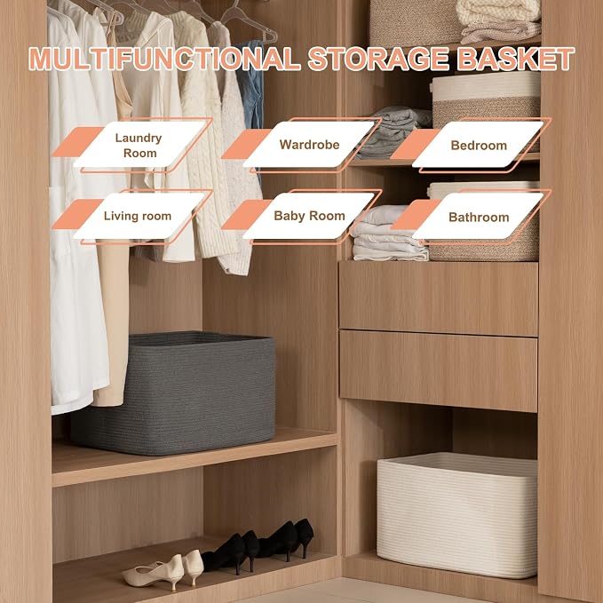 OIAHOMY 75L Large Blanket Basket, Storage Baskets with Handle, Rectangle Woven Cotton Rope Basket, Toy Organizer Bins, 22" x 17"x 12" in,Charcoal Black - Image 5
