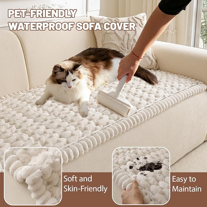 Couch Cover for Dogs Washable, Non Slip Soft Cozy Beige | Pet Friendly, Fuzzy Durable Plush Thick Slipcovers for 3 Cushion Sofa Cover Protector Mat Bed Furniture Couches 27.6"x59.06" - Image 3