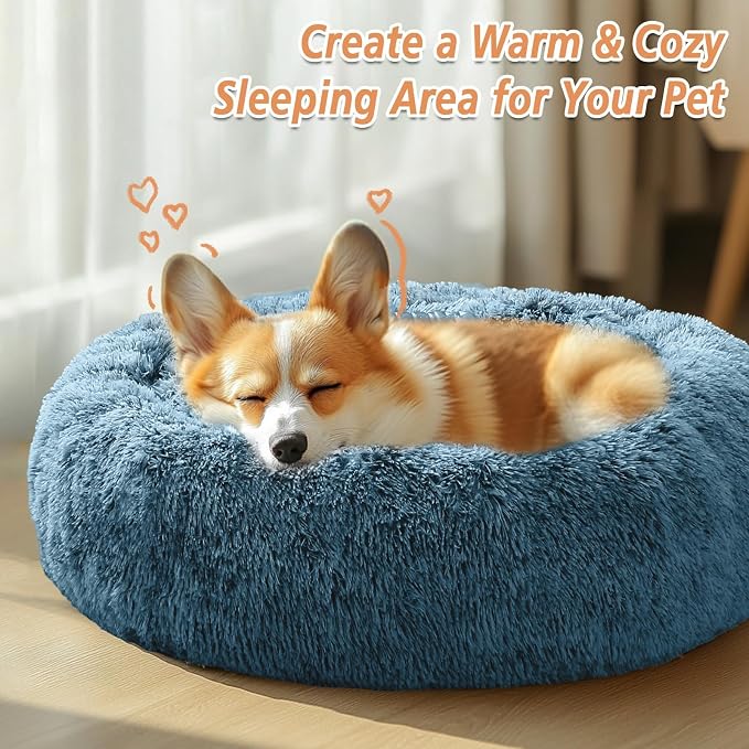 JOLLYVOGUE Calming Dog Bed Medium Size Dog, 31in Donut Washable Medium Pet Bed, Anti-Slip & Anti-Anxiety Fluffy Faux Fur Round Dogs Bed, Fits up to 45 lbs Pets (Blue) - Image 4