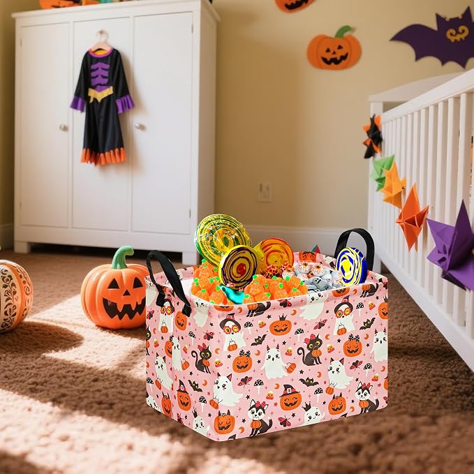 Pink Halloween Storage Basket for Girls, Pumpkin Ghost Bat Spider Design - Image 3