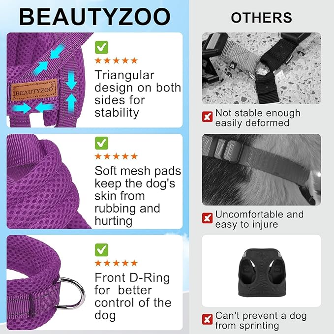 BEAUTYZOO Small Dog Harness and Leash Set, No Pull Step in Puppy Vest | Breathable Mesh with Handle, Reflective, Adjustable No Choke Escape Proof, Lightweight, Easy Control for Walking, Purple XS - Image 3
