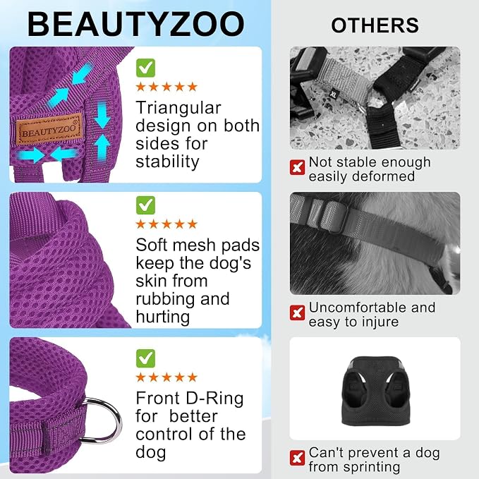 BEAUTYZOO Small Dog Harness and Leash Set, No Pull Step in Puppy Vest | Breathable Mesh with Handle, Reflective, Adjustable No Choke Escape Proof, Lightweight, Easy Control for Walking, Purple S - Image 7