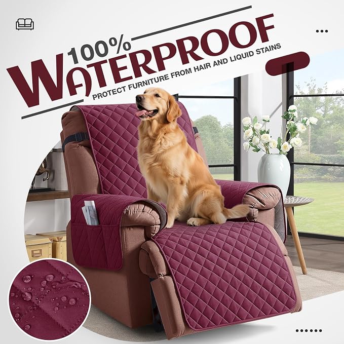 KinCam 100% Waterproof Recliner Chair Covers Washable, 25", Burgundy | Anti Slip Reclining Couch Covers for Pets Dog, Recliner Sofa Slipcover Storage Pocket, Furniture Protector with Elastic Strap - Image 3