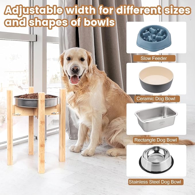 Elevated Dog Bowl Stand Adjustable Dog Food Holder 14”H Large Bamboo | 14” Elevated Dog Bowl Stand, Large Dogs, Adjustable, Fits 8”-11” Bowls, Single Bowl Holder, Natural Bamboo, Classic - Image 6