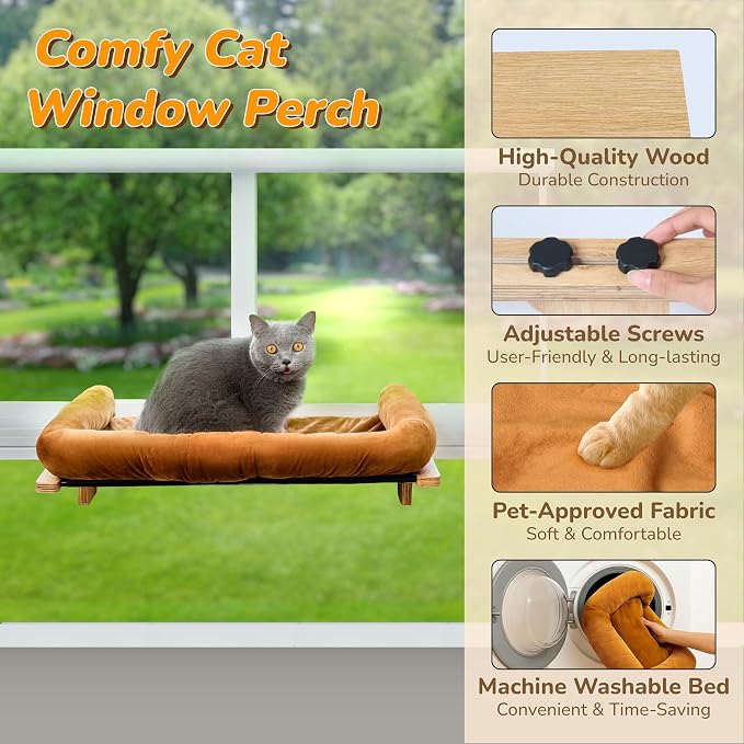 [Ready to Gift] PURRHOUSE 45LBS Cat Window Perch with Bolster, Hammock Seat with Plywood & Metal Frame, Cat Bed for Windowsill, Bedside and Cabinet (Natural Wood & Brown Cushion, 24.8''W x 9.4''H) - Image 2