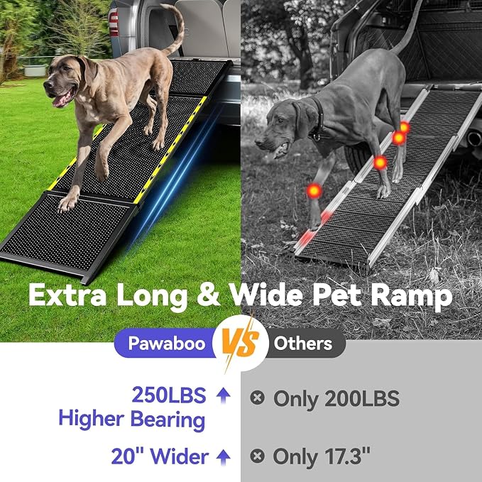Pawaboo 67" L & 20" W Longest Dog Ramp for Car Foldable, Up to 200 LBS | Extra Wide Portable Pet Dog Ramps for Large Dogs, Dog Car Ramp for SUV/Truck/RV/Bed, Lightweight Ramps with Non-Slip Mesh, Bl - Image 2