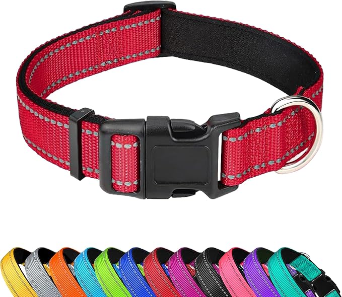 Reflective Dog Collar, Adjustable Soft Neoprene Padded Nylon Pet Collars with Buckle for Medium Dogs,M, Red | Breathable Nylon for Medium Dogs,Tear-Resistant Webbing,Chafe‑Free on Walks and Hikes,Metal D-Ring,Night Safety by PWOD