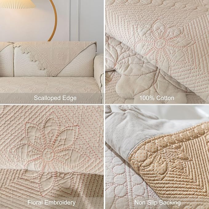 Cotton Quilted Dog Couch Cover for Sofa Farmhouse Rustic Embroidery Sectional Couch Cover Soft Anti-Slip Sofa Slipcover Furniture Protector for Kids, Pets (Khaki,43"x70") - Image 7