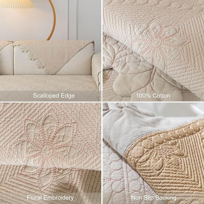 Cotton Quilted Dog Couch Cover for Sofa Farmhouse Rustic Embroidery Sectional Couch Cover Soft Anti-Slip Sofa Slipcover Furniture Protector for Kids, Pets (Khaki,36"x63") - Image 7
