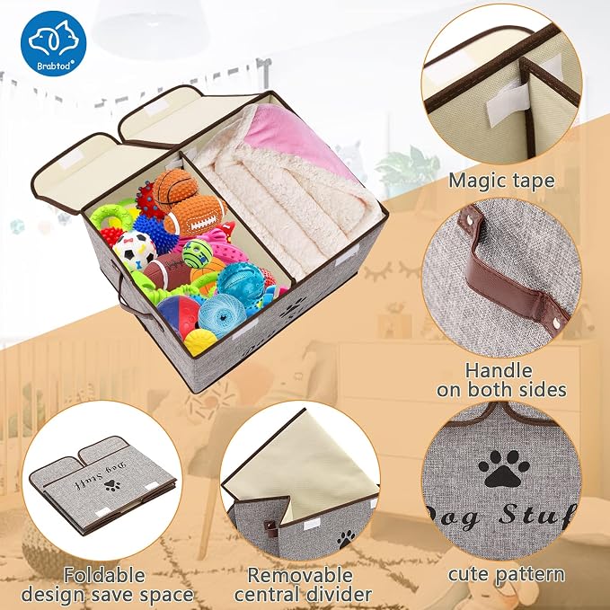 Large Dog Toys Storage Box Canvas Storage Basket Bin Organizer with Lid - Collapsible Linen Bin Ideal for Organizing Dog Cat Toys and pet Stuff-PP Boad-17" x 12" x 10" - Gray - Image 2