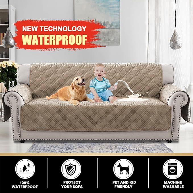 PrinceDeco 100% Waterproof Couch Cover for 3 Cushion Couch Sofa Pet Friendly Non-Slip Couch Cover for Dogs Washable Water Resistant Furniture Protector with Elastic Straps(XL Sofa 78", Taupe) - Image 2