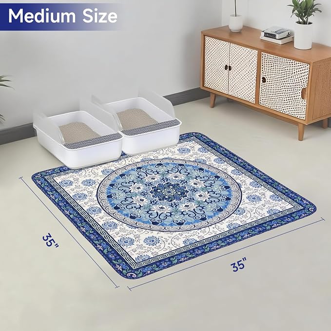 Cat Litter Mat, Reusable Kitty Litter Trapping Mat 2 PCs, 35"x35" Washable Litter Mats for Cats, Waterproof & Non-Slip Compatible with Cat Box (Indigo Blue Medallion, 35"x35"(2 PCS)) - Image 2