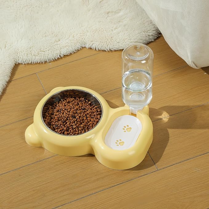 Dog Bowls, Cat Food and Water Bowl Set with Water Dispenser and Stainless Steel Bowl for Cats and Small Dogs - Yellow - Image 8