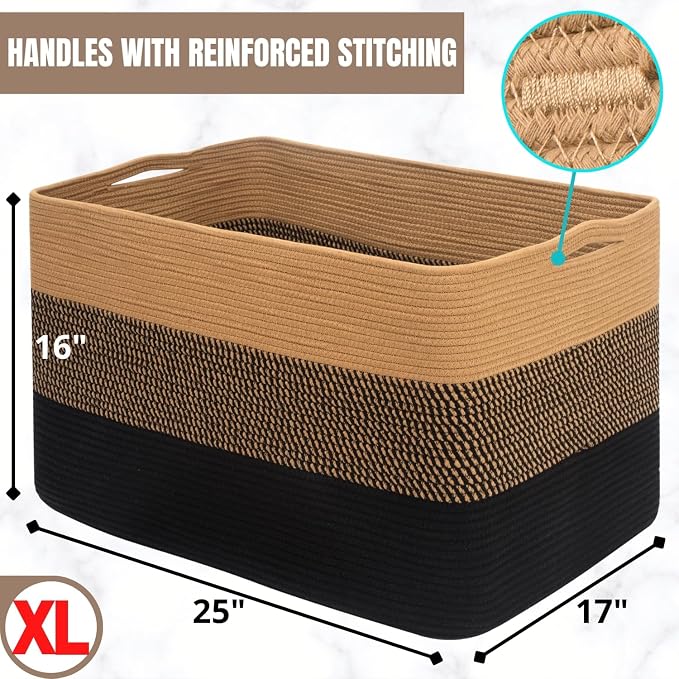 MINTWOOD Design 112L Extra Large Blanket Basket Holder Living Room, 25"x17"x16" Rectangle Rope Woven Storage Basket with Handles for Laundry, Pool Towels, Shoes, Dog Toy Organizer Bin Box, Black Jute - Image 7