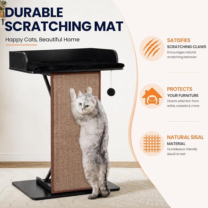 Modern Wood Cat Tree Tower for Indoor Large Adult Cats with Big Perch Bed | 33.8in Tall Wooden Cat Trees with Platform, Cat Scratching Pads, Washable Cushions, Cat Furniture for Window, Rustic Black - Image 3