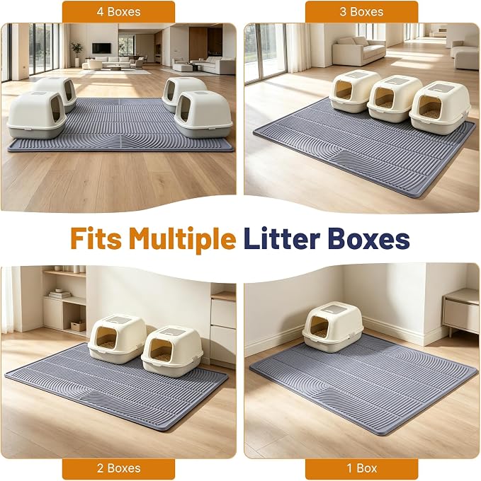 Cat Litter Mat, XL 46x35in Waterproof Silicone Litter Box Mat, Grey | XXL Cat Mat Fits 2-4 Litter Boxes, Litter Trapping Mat with Raised Edges & Textured Surface, Non-Slip Bottom, Easy Clean - Image 8